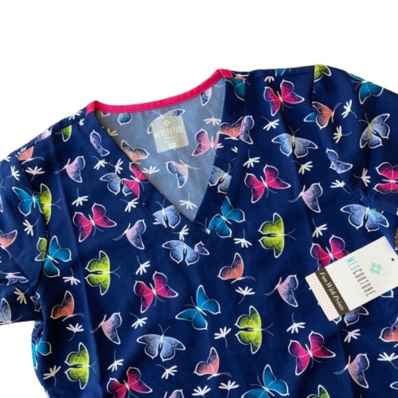 Med Couture Print V Neck Scrub Top XS Daisy Dance Blue 8564 NWT - Picture 3 of 6